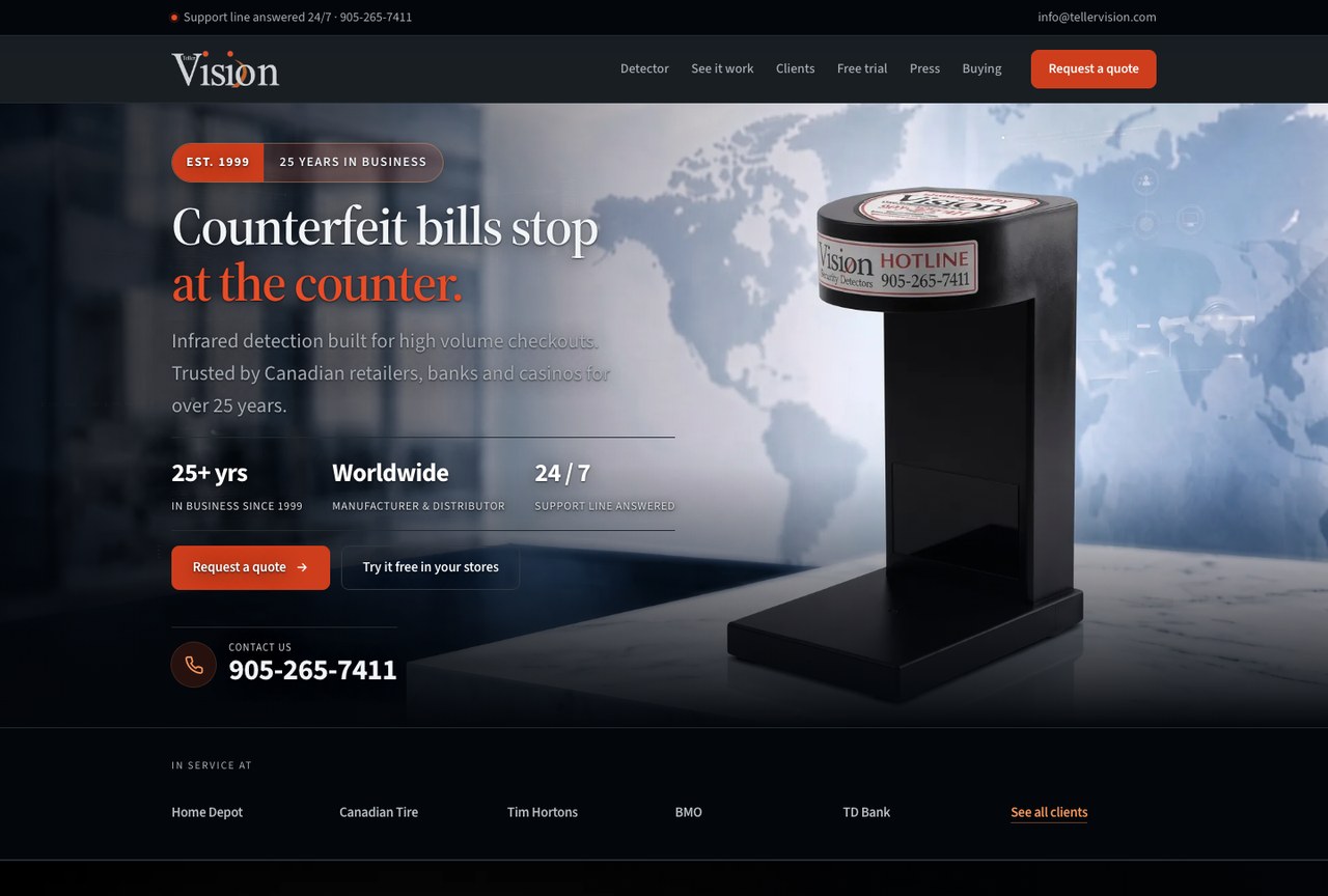 Teller Vision counterfeit-detection website redesigned by WebsiteWork.ca